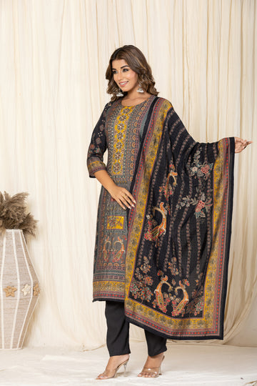 Ornate Black and Mustard Block-Print Kurta Set