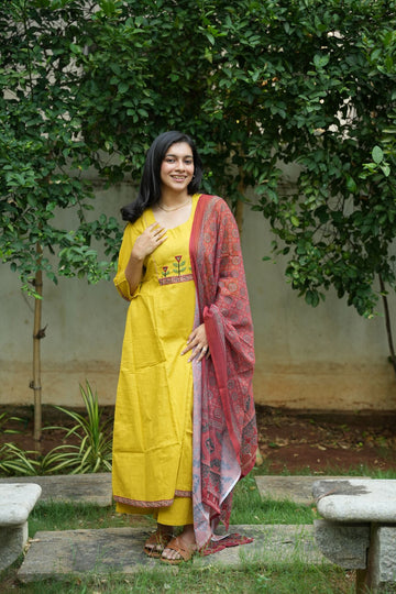 Mustard Yellow A-Line Anarkali Cotton Set