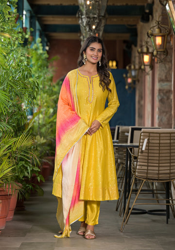 Vibrant Yellow A-Line Kurta with Ombre Dupatta