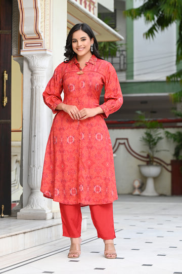 Flame Red Boho Print Kurta Set with Gathered Sleeves