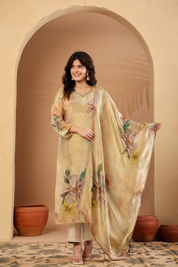 Muted Gold Floral Hand-Embellished Suit Set