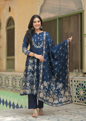 Royal Navy Bloom Paneled Kurta Ensemble Set