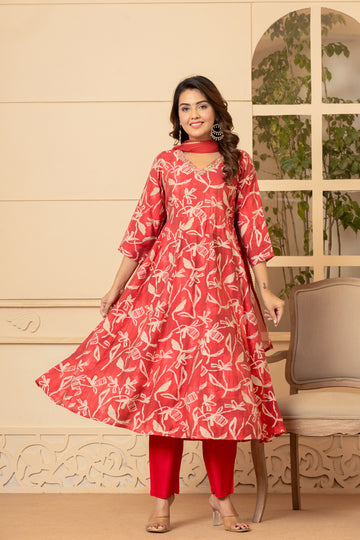 Red and white floral Abstract print Kurti set
