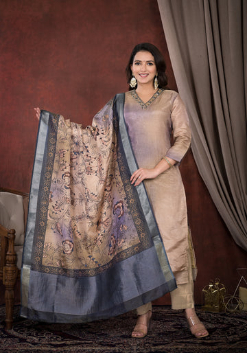 Luxe Beige Silk Kurta Set with Woven Dupatta