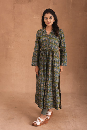 Olive Artisan Gathered Green Kurta