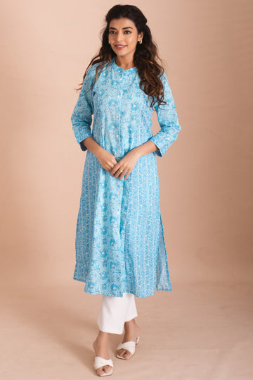 Aqua Blue Floral Print Princess panel Kurta