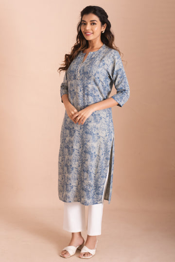 Blue and White Geometric Dot Print Kurta