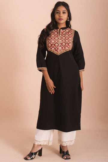 Black Kurta with Rich Maroon Indian Print