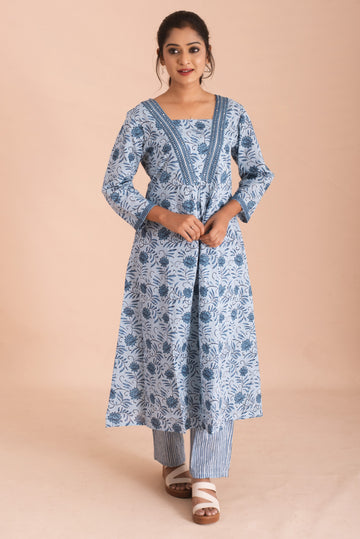 Blue Floral A line kurta with striped bottom Co-Ord set