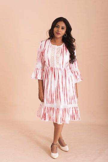 Bohemian Striped Short Dress with Lace Accents