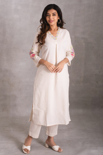 Ivory Shallow Bloom Embroidered V-Neck Kurta Set