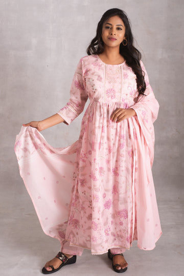 Blossom Pink Floral Anarkali Kurta Set with Dupatta