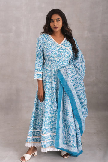 Carolina Blue Floral Anarkali Kurta Set with Dupatta