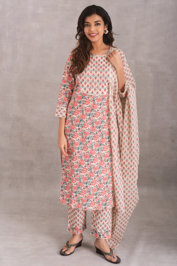 Soft Blush Pink & Teal Floral Kurta Set
