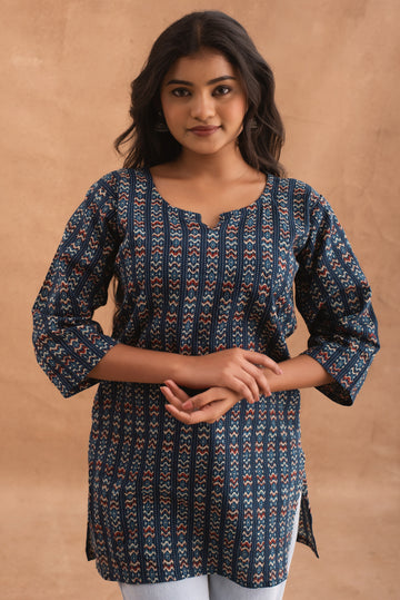 Subtle Printed Blue Keyhole Tunics