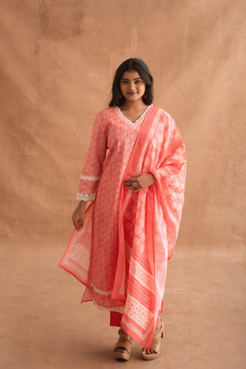Peachy Grace Hand block Printed Kurta Set