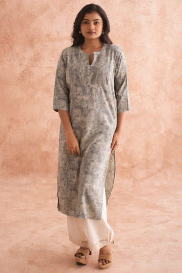 Grey and White Geometric Dot Print Kurta