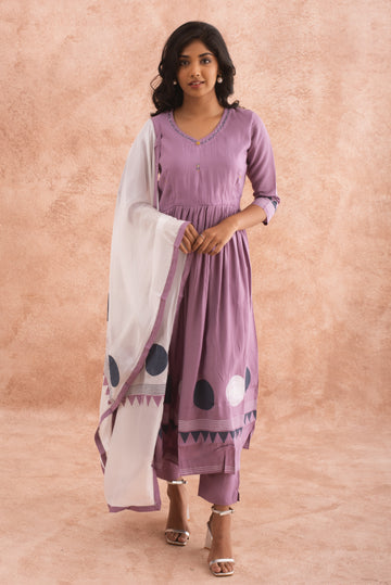 Purple Polka Boardered Anarkali Set