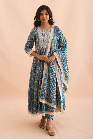 Cotton Yale Blue Printed Anarkali Kurta Set
