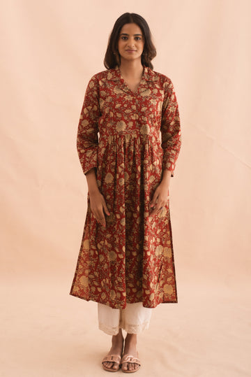 Burnt Red Floral Gathered Maroon Kurta