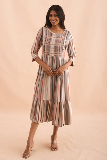 Earthy Stripes Gathered Midi Dress