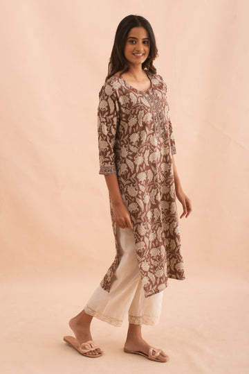 Elegant Brown Beige Floral Printed Kurta
