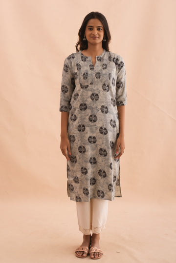 Slate Grey Dyed Block Printed Kurta