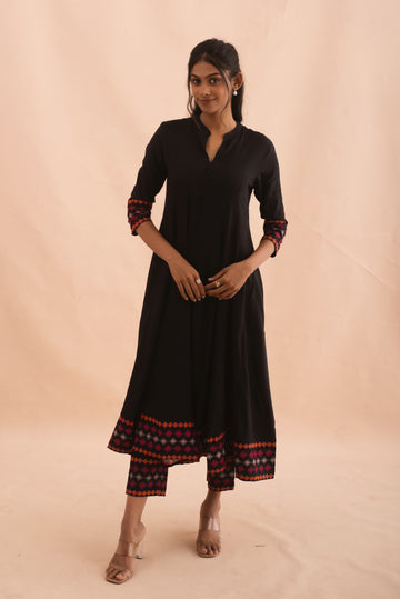 Embroidered Black Flared Kurta Set with Warm Accents