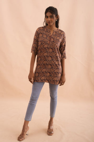 Floral Printed Tunic Top with Mandarin Collar