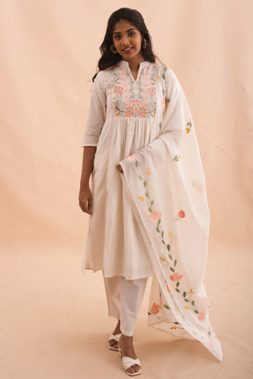Elegant Floral Embroidered Cotton Kurta Set with Dupatta