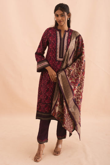 Burgundy Brown Geometric Print Kurta Set