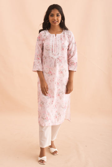 Charming Baby Pink Floral Print Kurta Delight
