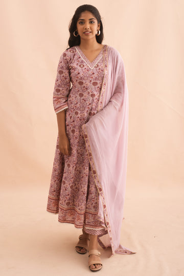 Carnation Pink Floral Cotton Kurta Set