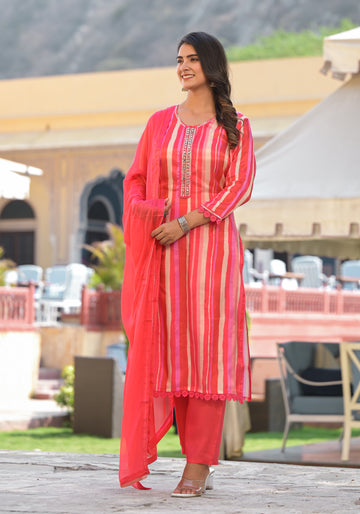 Striking Pink and Coral Striped Kurta Set with Mirror Work