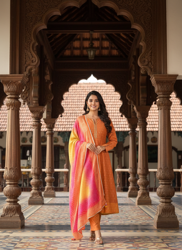 Burnt Orange Kurta Set with Vibrant Ombre Dupatta