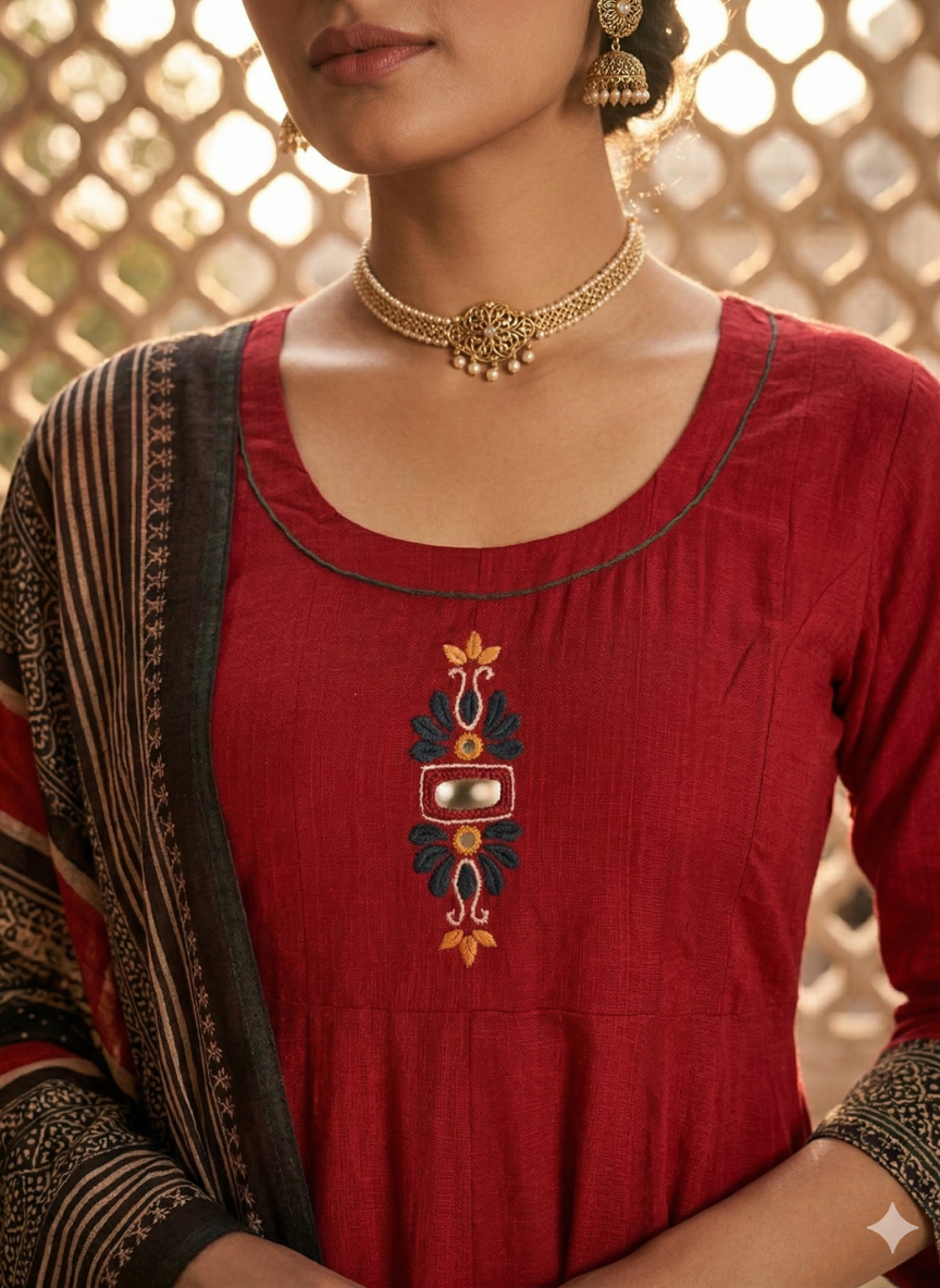 Crimson Red Anarkali Kurta Set with Printed Dupatta