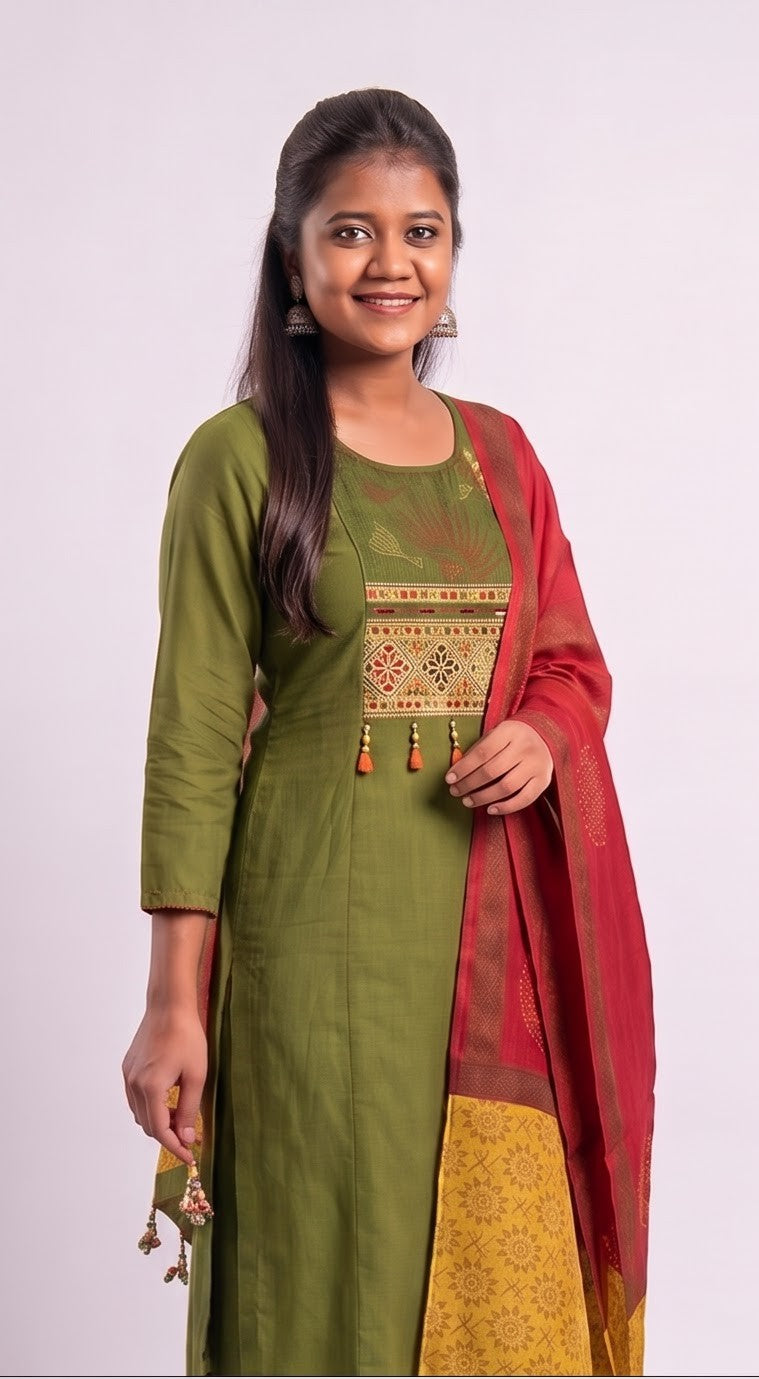 Green Heritage Embroidered Cotton Straight Set