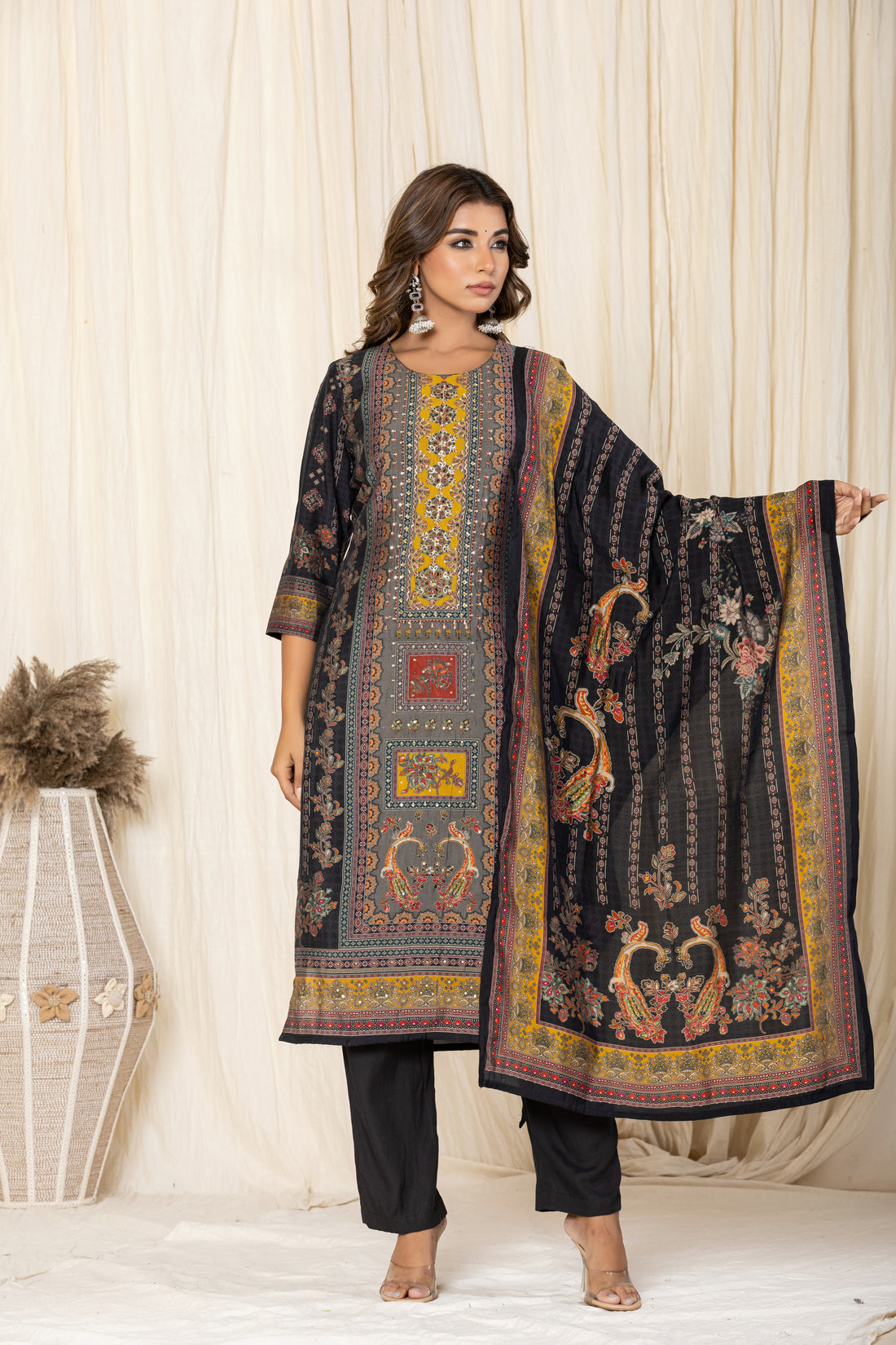 Ornate Black and Mustard Block-Print Kurta Set