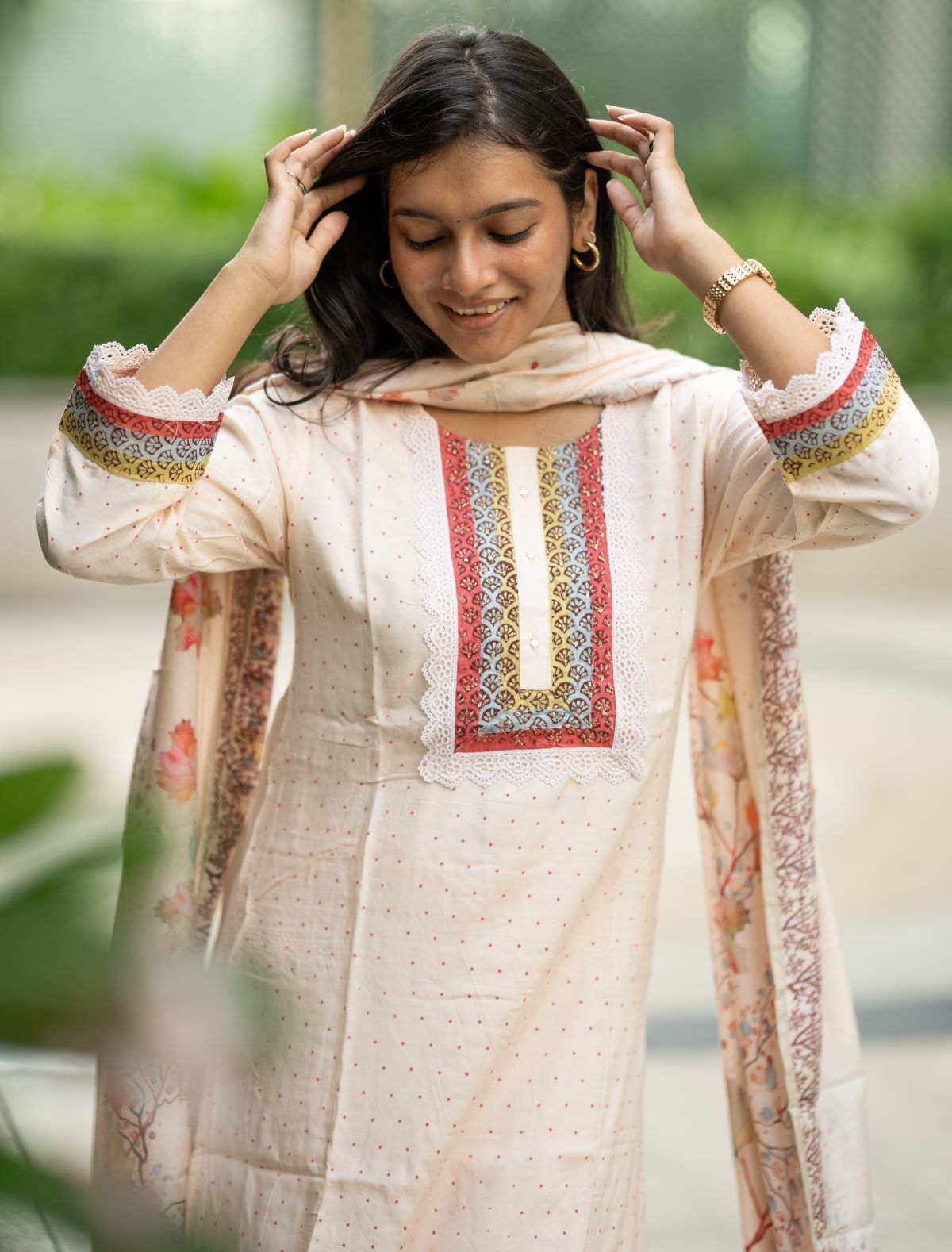 White Muslin Magic With Fusion Colours Printed Attached With Laces