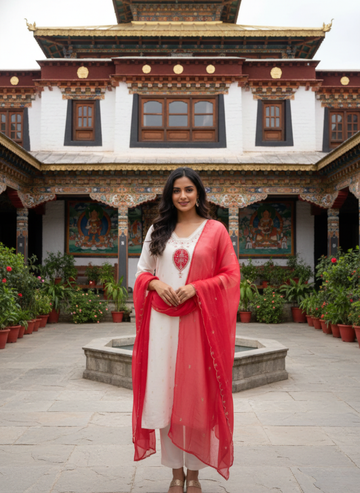 Elegant Off-White Kurta Set with Red Embellished Dupatta