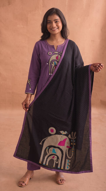 Handcrafted Elephant Motif Cotton A-Line Salwar Set