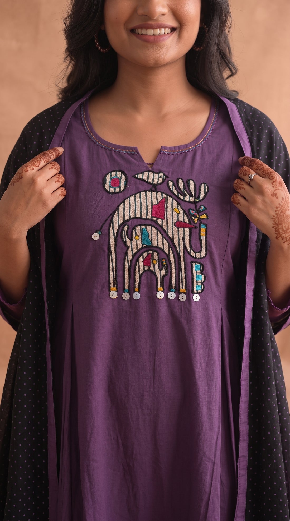 Handcrafted Elephant Motif Cotton A-Line Salwar Set