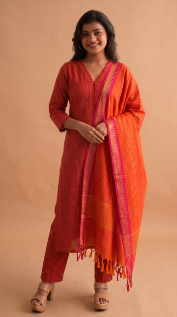 Mangalagiri cotton top  salwar set ( Orange )