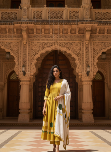 Traditional Mustard Yellow 3-Piece Anarkali Set