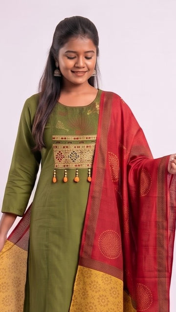Green Heritage Embroidered Cotton Straight Set