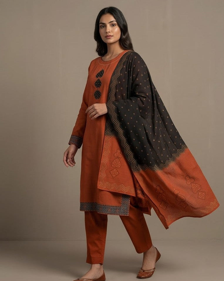 Rust &Charcoal Printed Cotton Kurta Set with Dupatta
