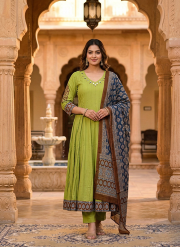 Lime Green Anarkali Kurta Set with Printed Dupatta