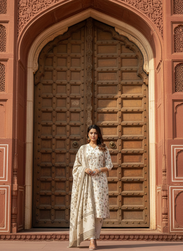 Off white -floral print kurta set