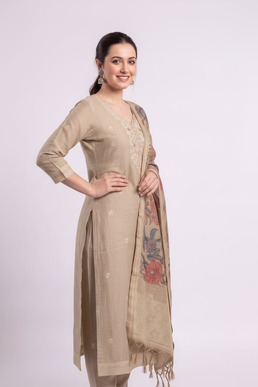 Sandstone Bloom Handcrafted Mulmul Cotton Suit Set