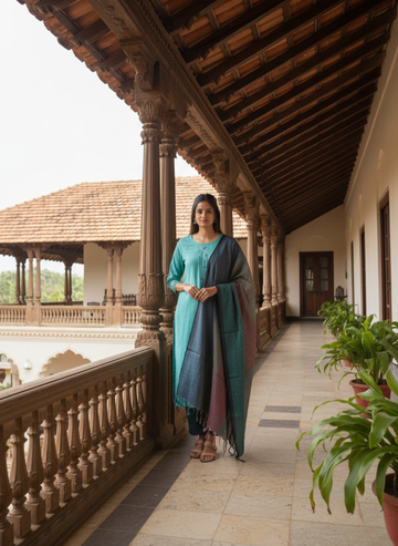 Teal aqua khadi cotton kurta set